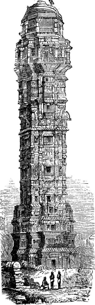 toren van zege in chittorgarh, rajahstan, Indië wijnoogst gravure vector