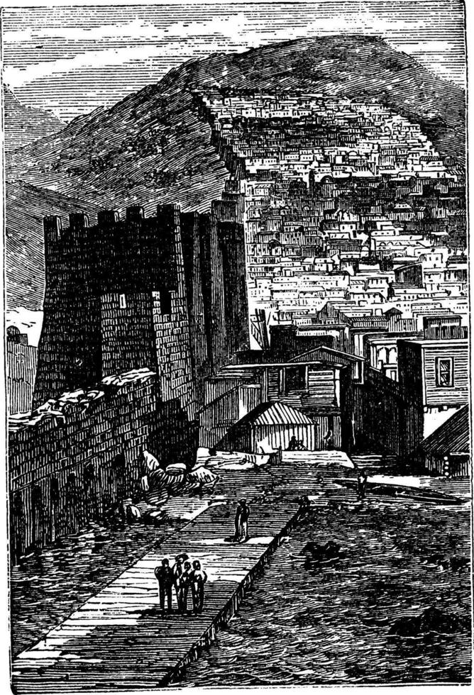 debent in dagestan, Russisch federatie, wijnoogst gravure vector