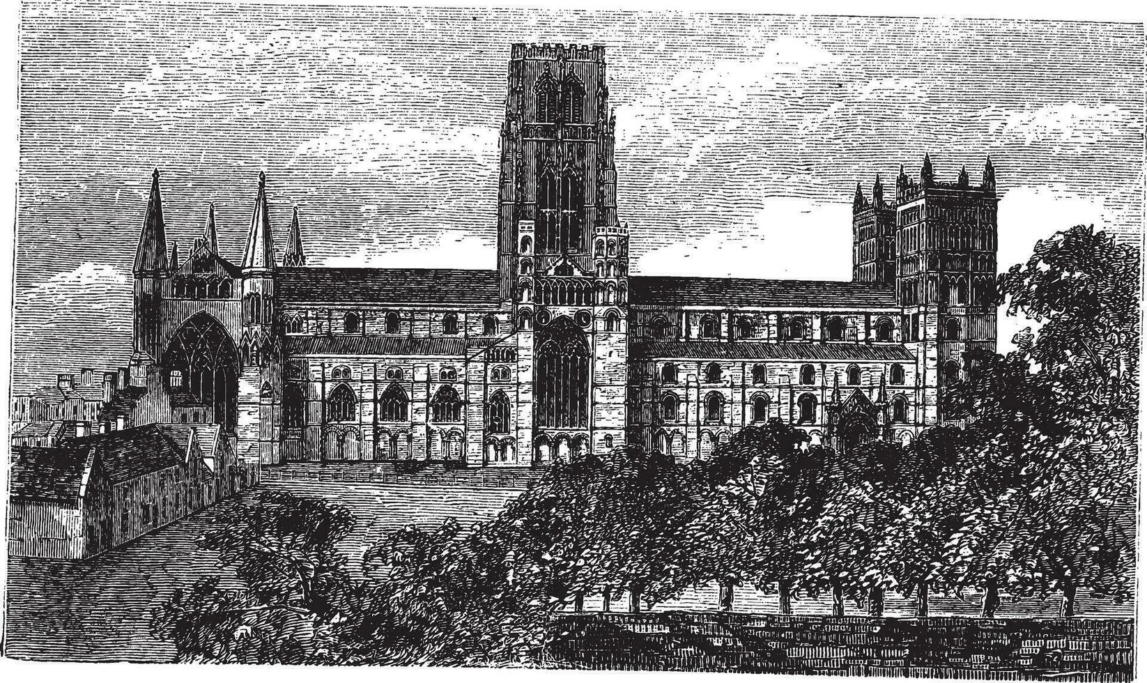 Durham kathedraal in Engeland, Verenigde koninkrijk, wijnoogst gravure vector