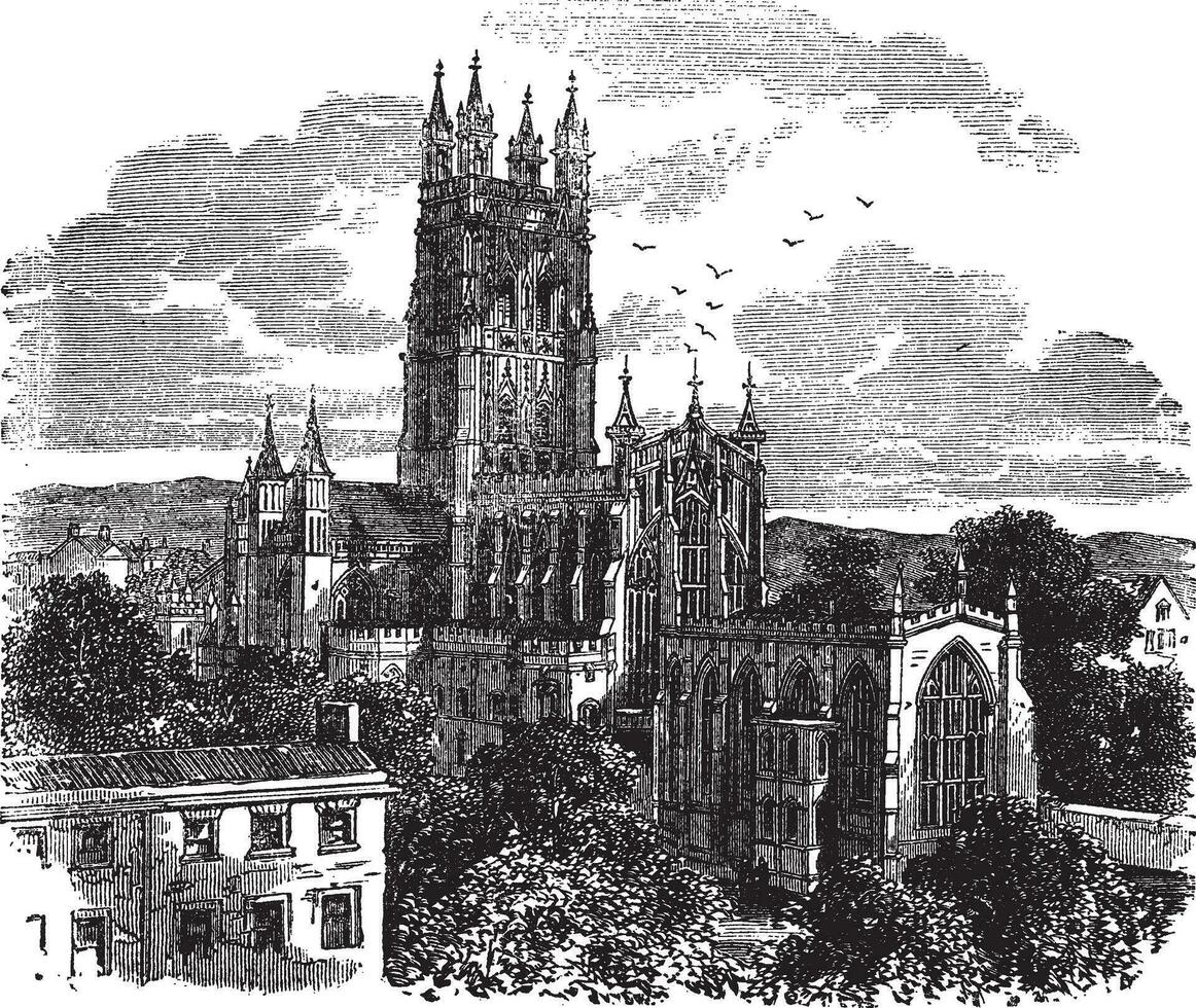 gloucester kathedraal of de kathedraal kerk van st peter en de heilig en ondeelbaar drie-eenheid in gloucester Engeland wijnoogst gravure vector