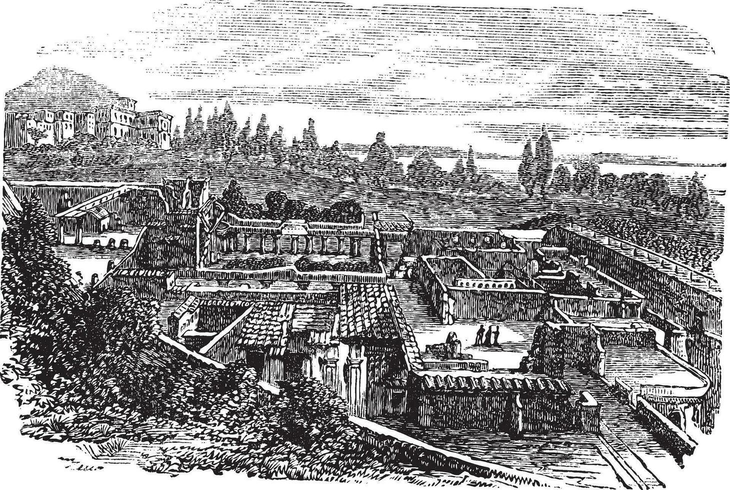 ruïnes Bij herculaneum of ercolano, Italië wijnoogst gravure vector