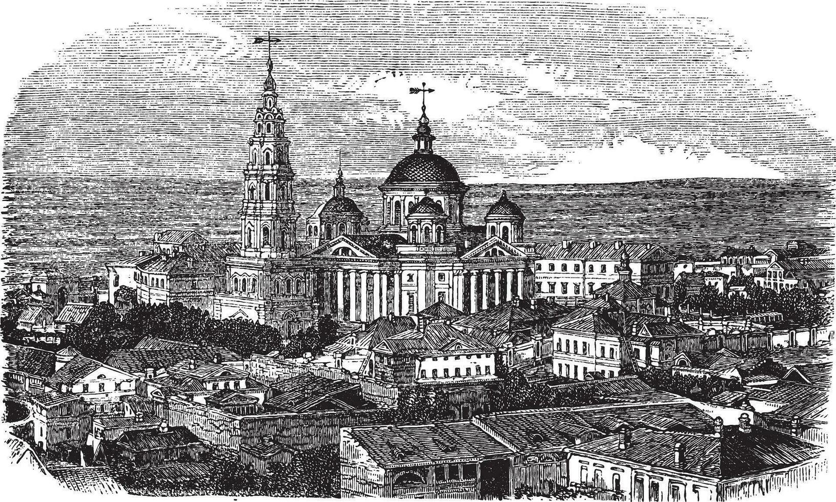 tempel van allemaal religies of tempel van de universum, Kazan, Rusland wijnoogst gravure vector