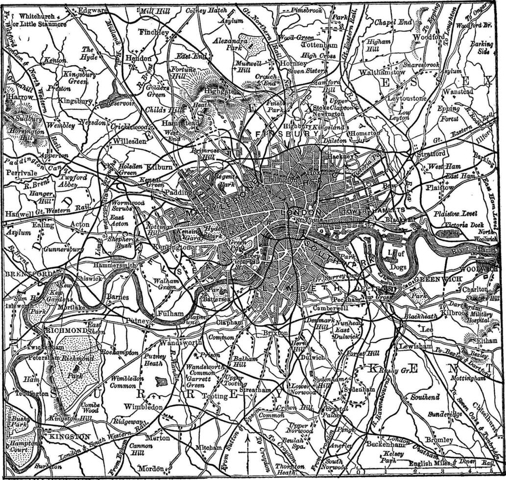 Londen en haar omgeving wijnoogst gravure vector