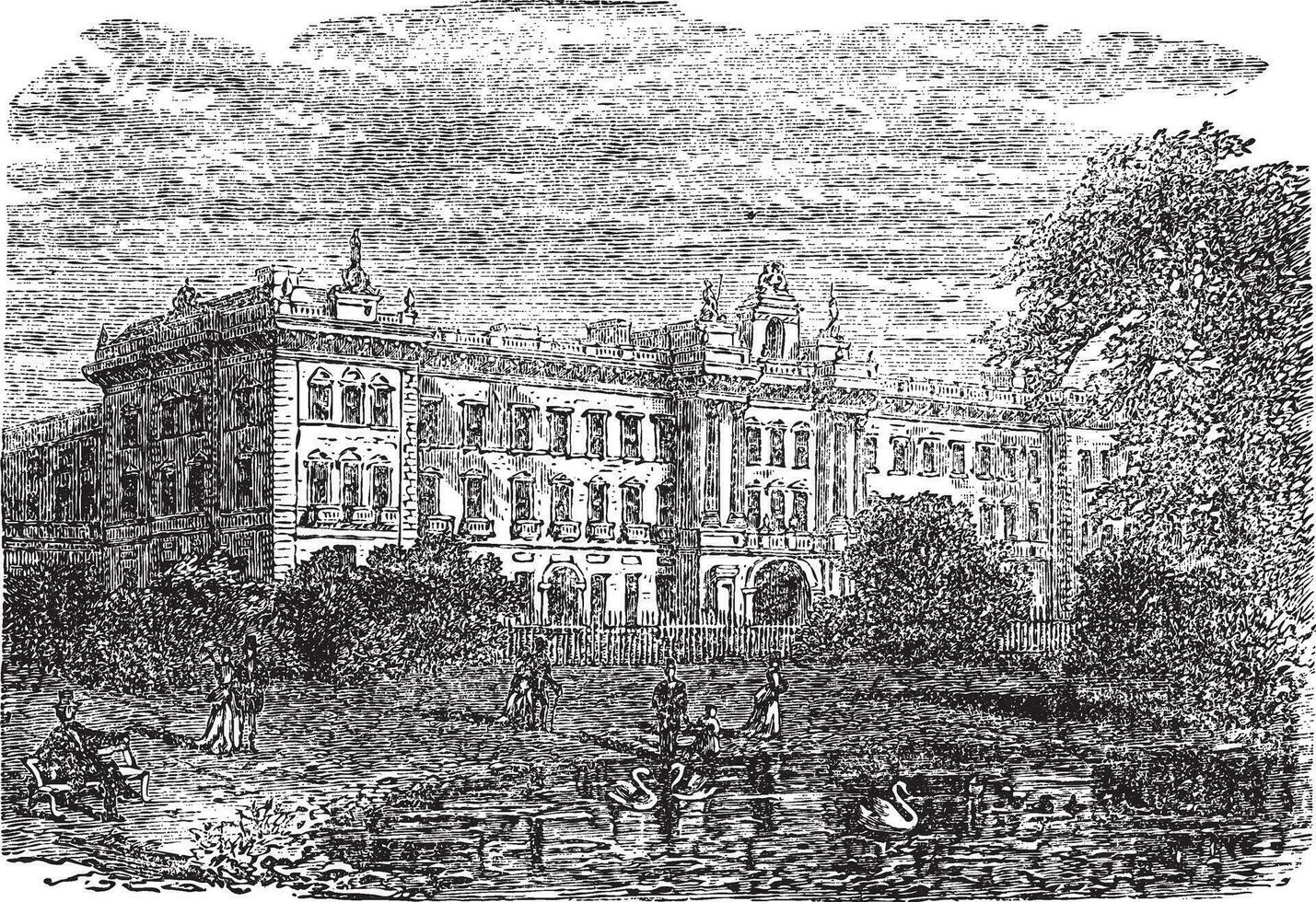 Buckingham paleis of Buckingham huis in Londen Engeland wijnoogst gravure vector