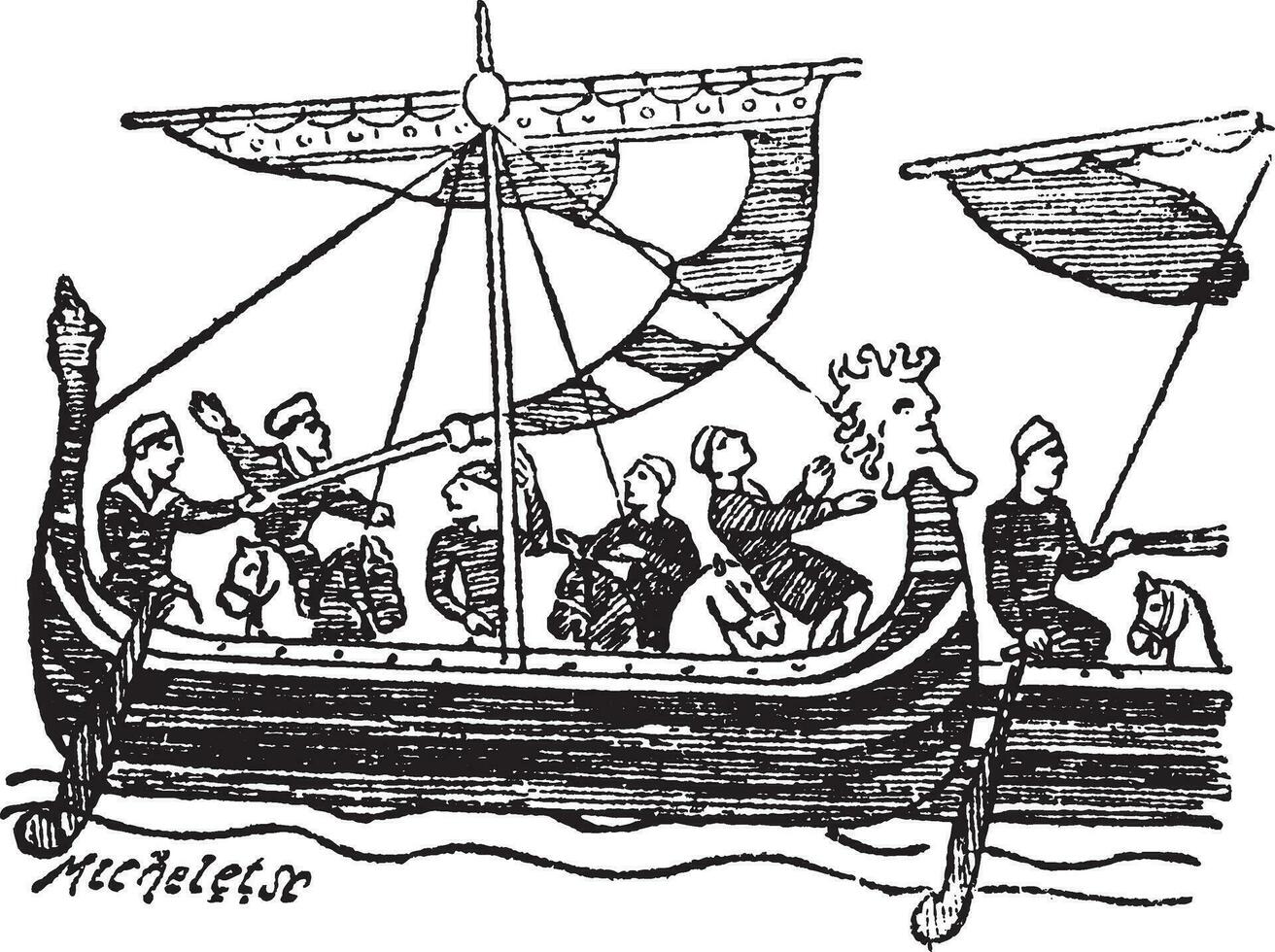 norman schip van de bayeux tapijtwerk, wijnoogst gegraveerde illustratie vector