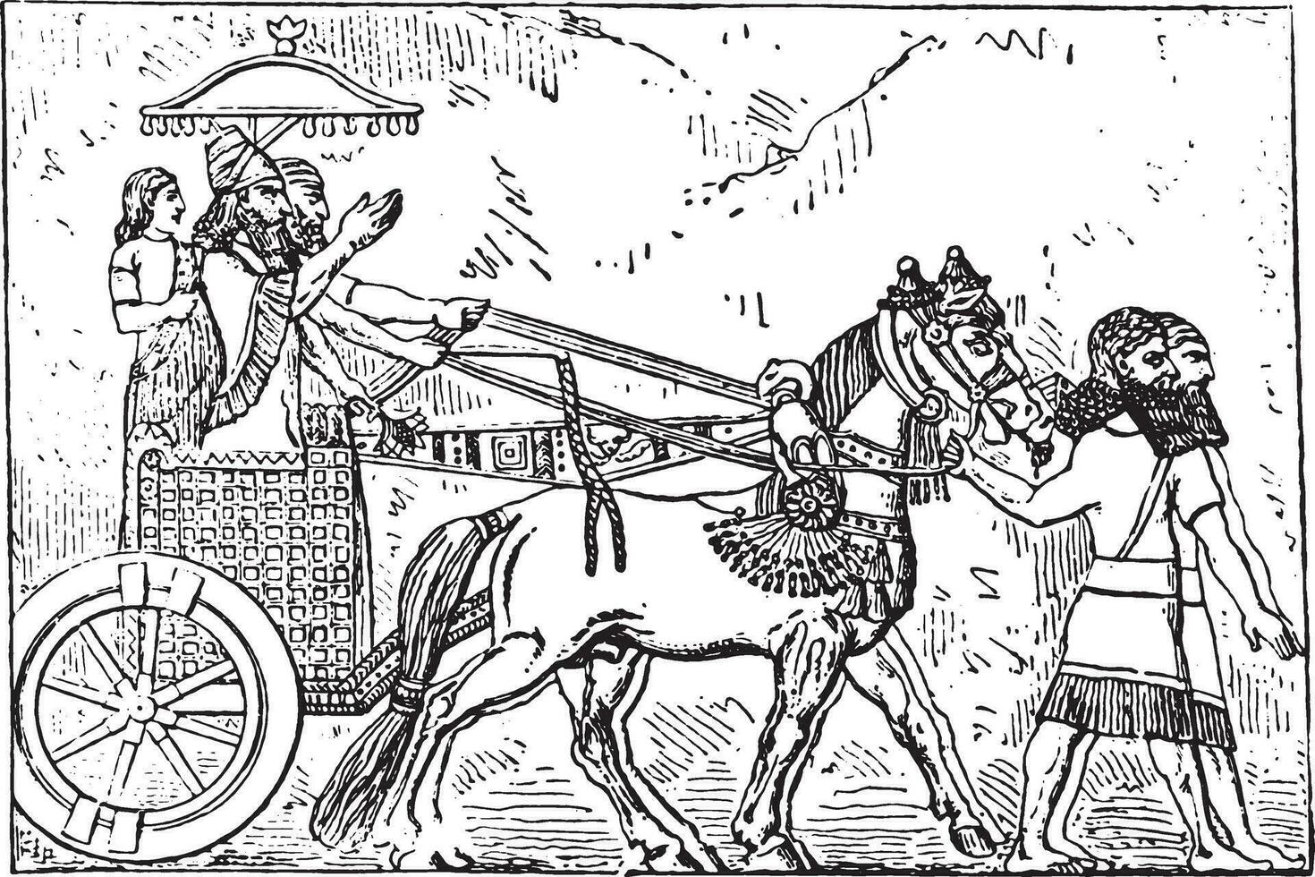 asurbanipal Aan zijn wagen, wijnoogst gravure. vector