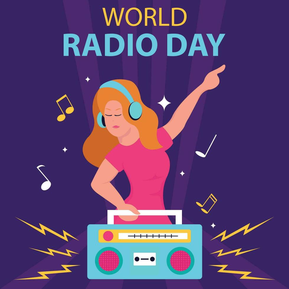 illustratie vector grafisch van een vrouw is luisteren naar muziek- radio met koptelefoon, perfect voor Internationale dag, wereld radio dag, vieren, groet kaart, enz.