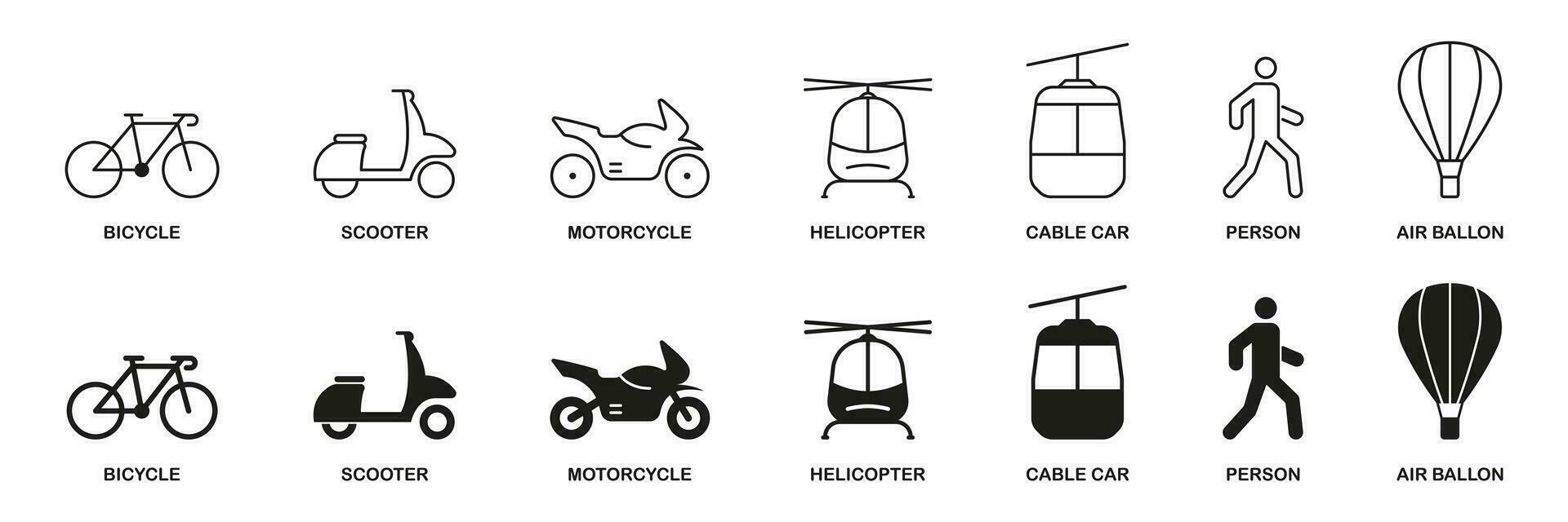 verkeer teken verzameling. voertuig symbolen, vervoer modi lijn en silhouet icoon set. voetganger, helikopter, fiets, motorfiets, bromfiets, kabel auto pictogram. geïsoleerd vector illustratie.