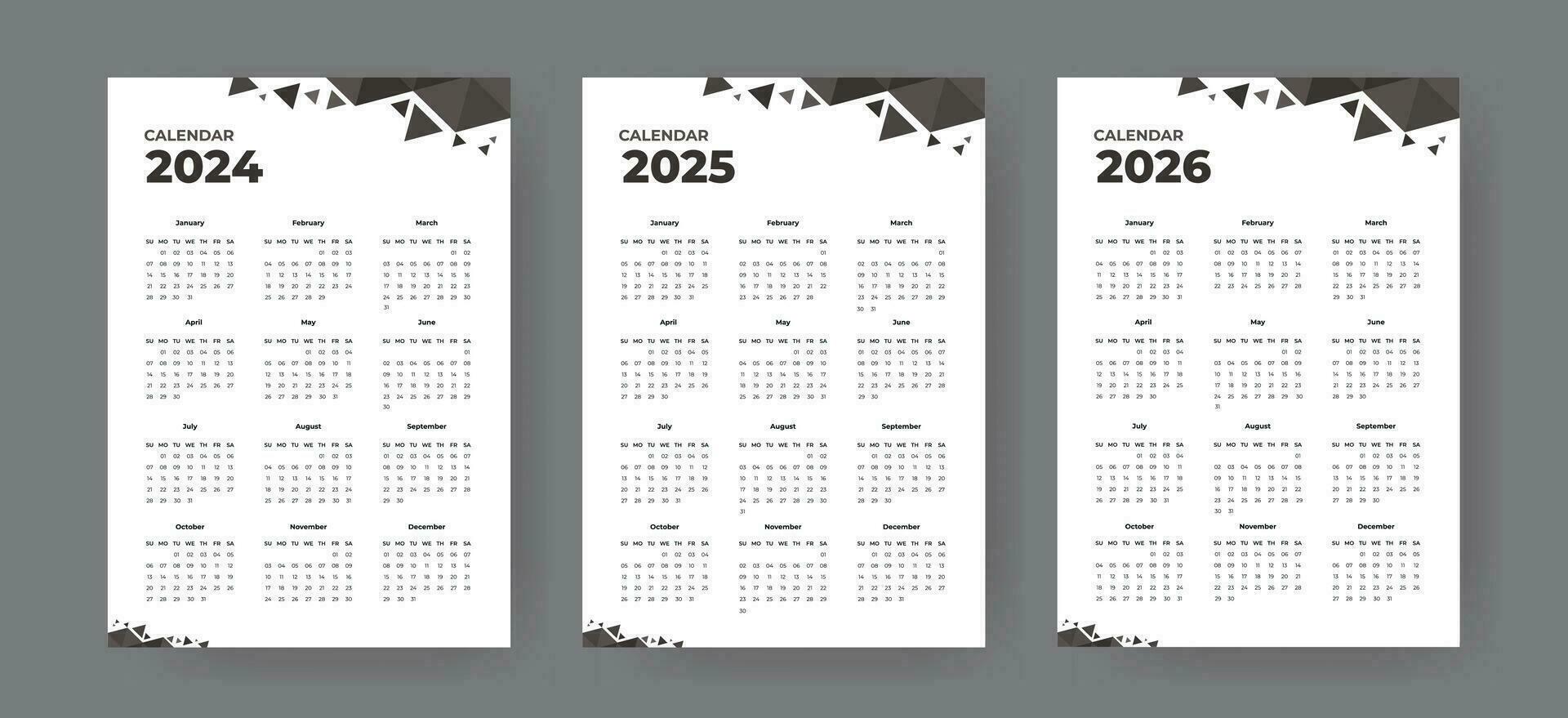 kalender sjabloon reeks voor 2024, 2025, 2026 week begin zondag zakelijke ontwerp ontwerper sjabloon. muur kalender ontwerp vector