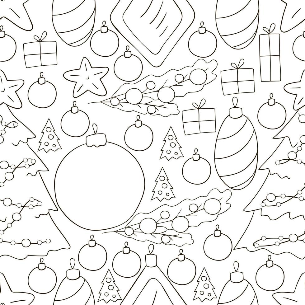 patroon in de hand tekenen stijl. naadloos vectorpatroon met sterren, kerstboomversieringen. kan worden gebruikt voor stof, verpakking, verpakking en etc vector