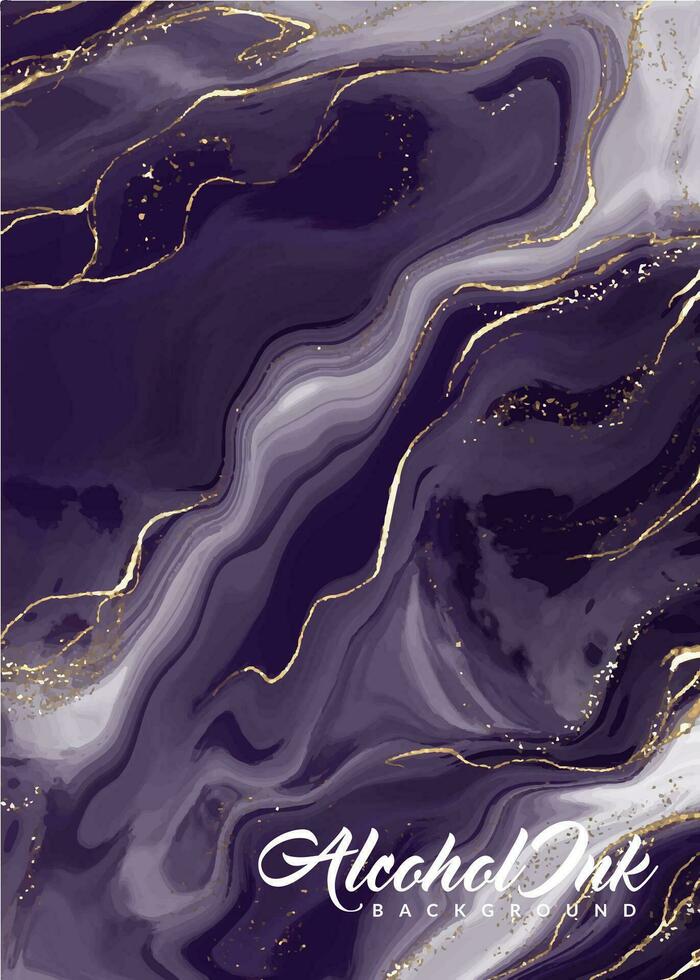 alcohol inkt waterverf achtergrond. esthetisch donker Purper marmeren schilderij met glitters en gouden vloeistof. mooi abstract hand getekend geschikt voor bruiloft uitnodiging achtergronden vector