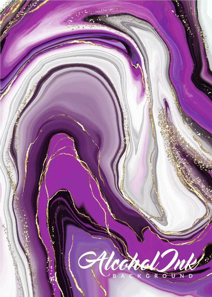 alcohol inkt waterverf achtergrond. esthetisch Purper marmeren schilderij met glitters en gouden vloeistof. mooi abstract hand getekend geschikt voor bruiloft uitnodiging achtergronden vector