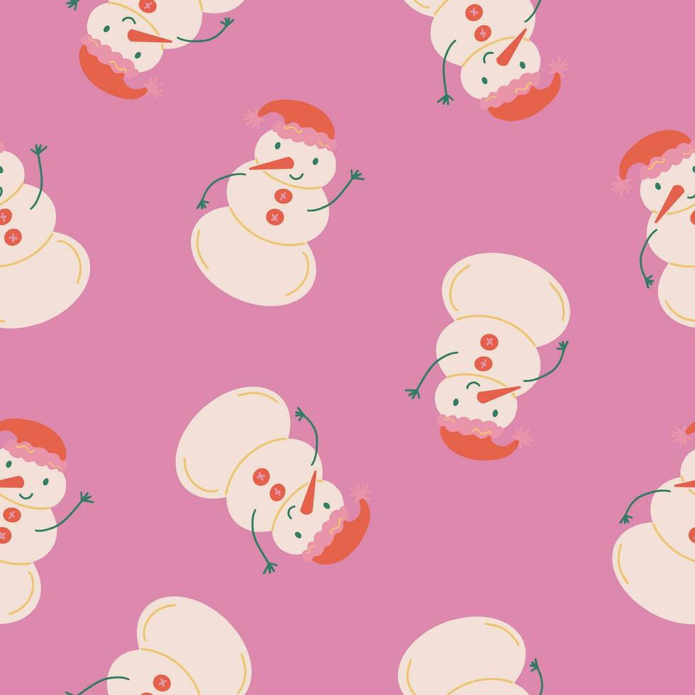 schattig sneeuwman naadloos patroon Aan roze achtergrond. Kerstmis en nieuw jaar concept. hand- getrokken retro wijnoogst vector structuur voor behang, afdrukken, inpakken, textiel