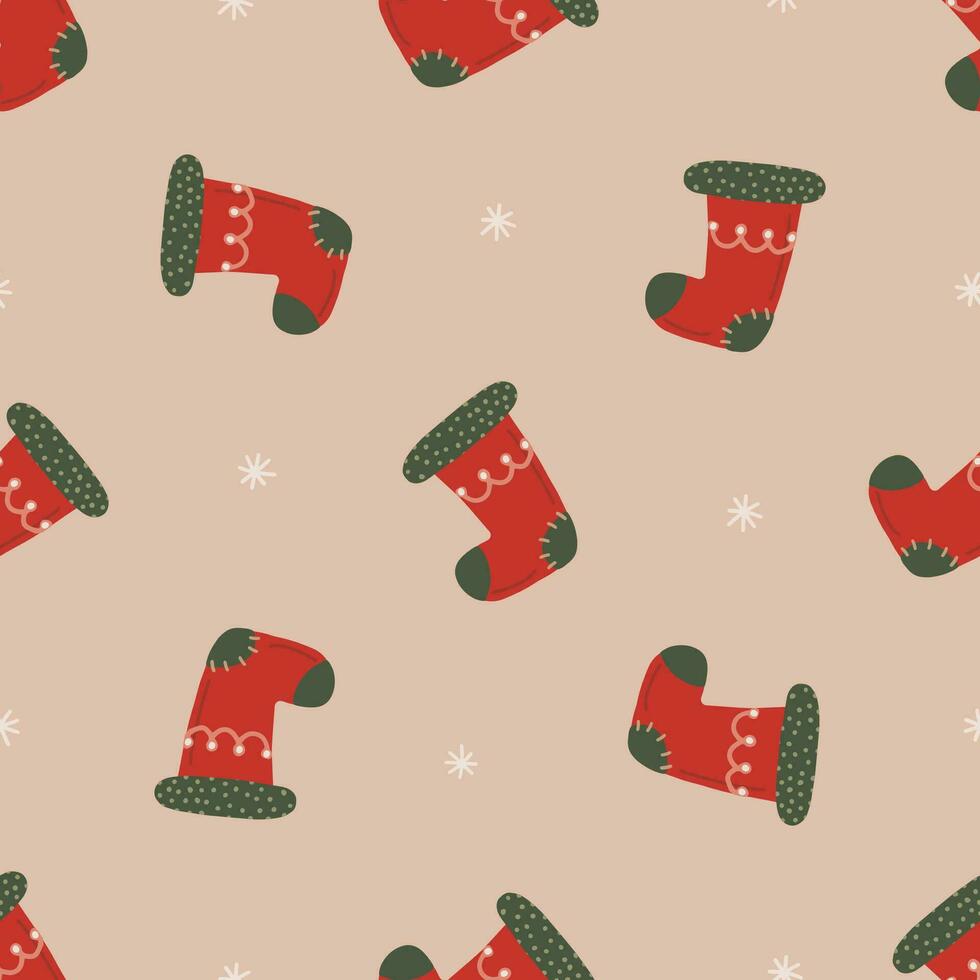 gemakkelijk Kerstmis rood sok naadloos patroon. Kerstmis en nieuw jaar concept. hand- getrokken beige vector structuur voor behang, afdrukken, inpakken, textiel