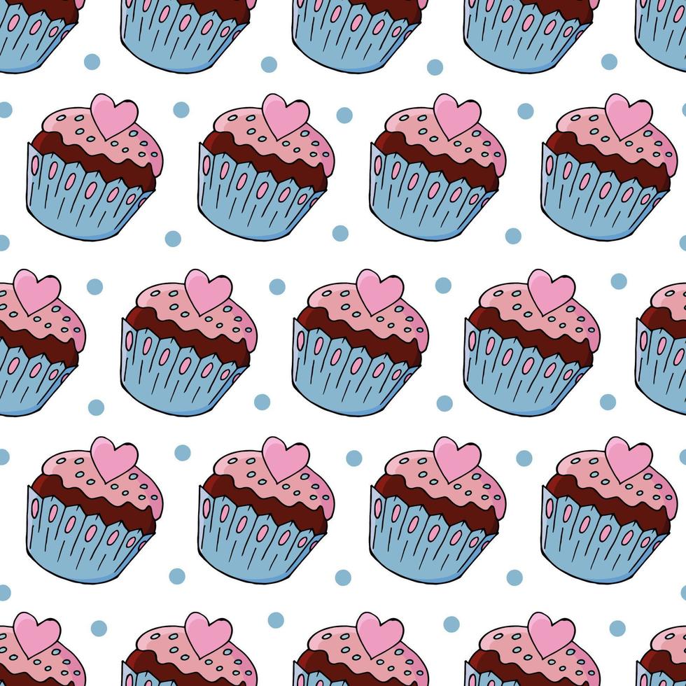 vectorillustratie. naadloos patroon met zoete gebakjes. leuke muffins, cupcakes. polka dot achtergrond. textuur voor stof vector