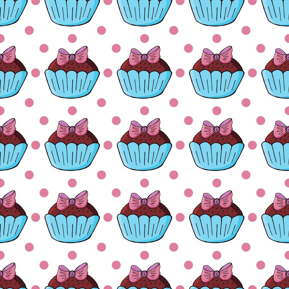 vectorillustratie. naadloos patroon met zoete gebakjes. leuke muffins, cupcakes. polka dot achtergrond. textuur voor stof vector