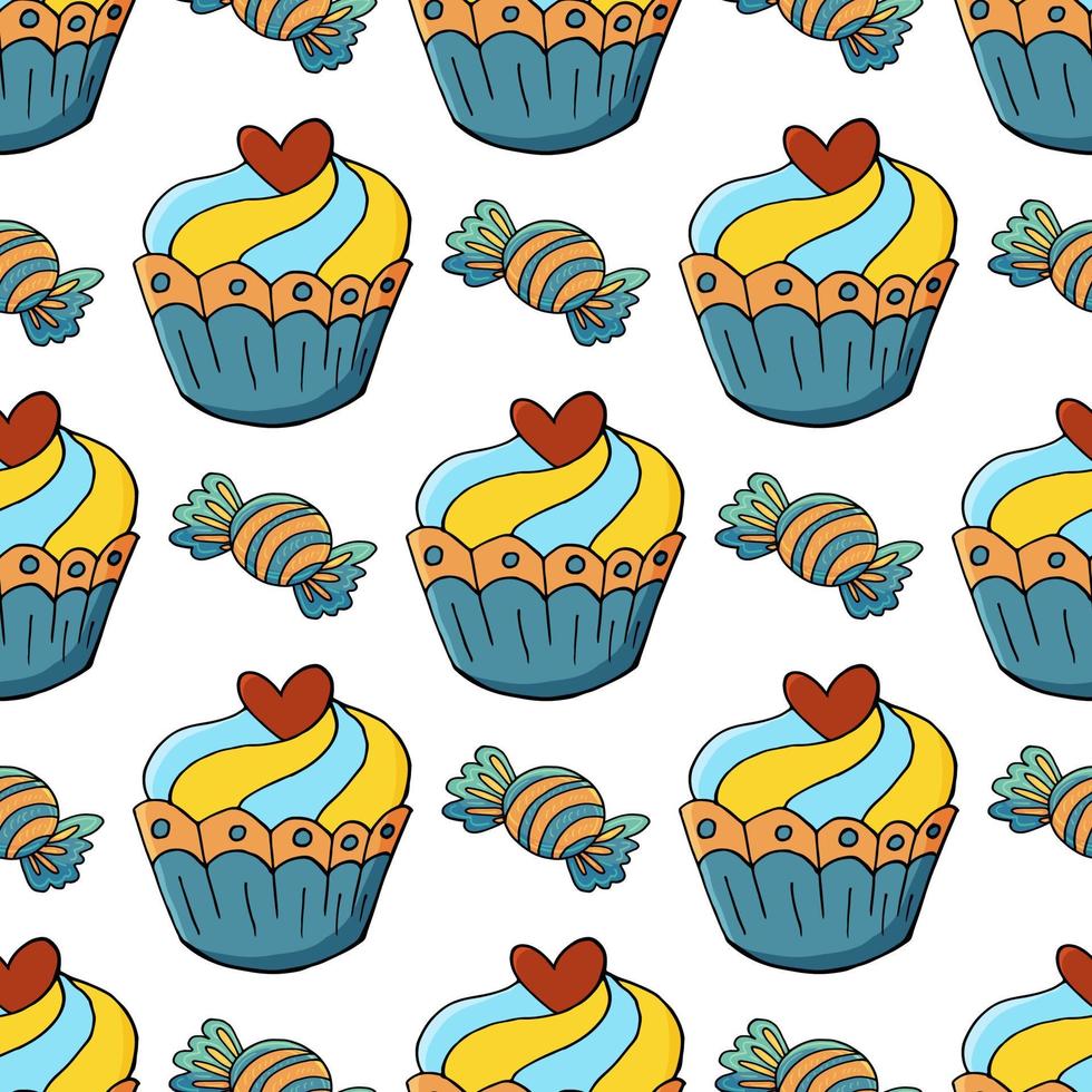 vectorillustratie. naadloos patroon met zoete gebakjes. leuke muffins, cupcakes. polka dot achtergrond. textuur voor stof vector