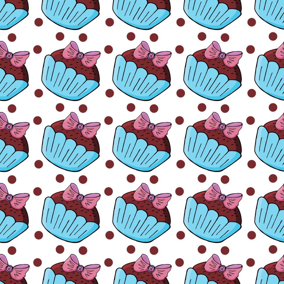 vectorillustratie. naadloos patroon met zoete gebakjes. leuke muffins, cupcakes. polka dot achtergrond. textuur voor stof vector