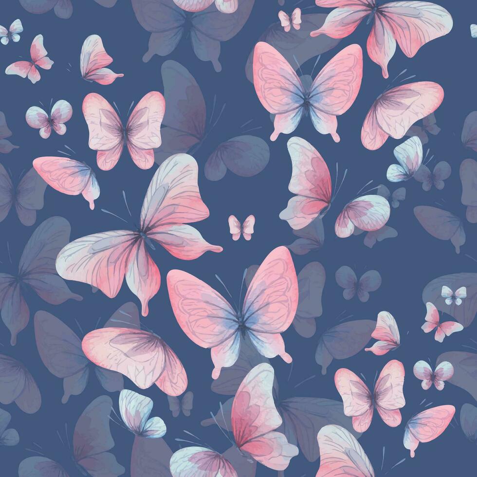 vlinders zijn roze, blauw, lila, vliegen, delicaat met Vleugels en spatten van verf. hand- getrokken waterverf illustratie. naadloos patroon Aan een blauw achtergrond, voor ontwerp vector
