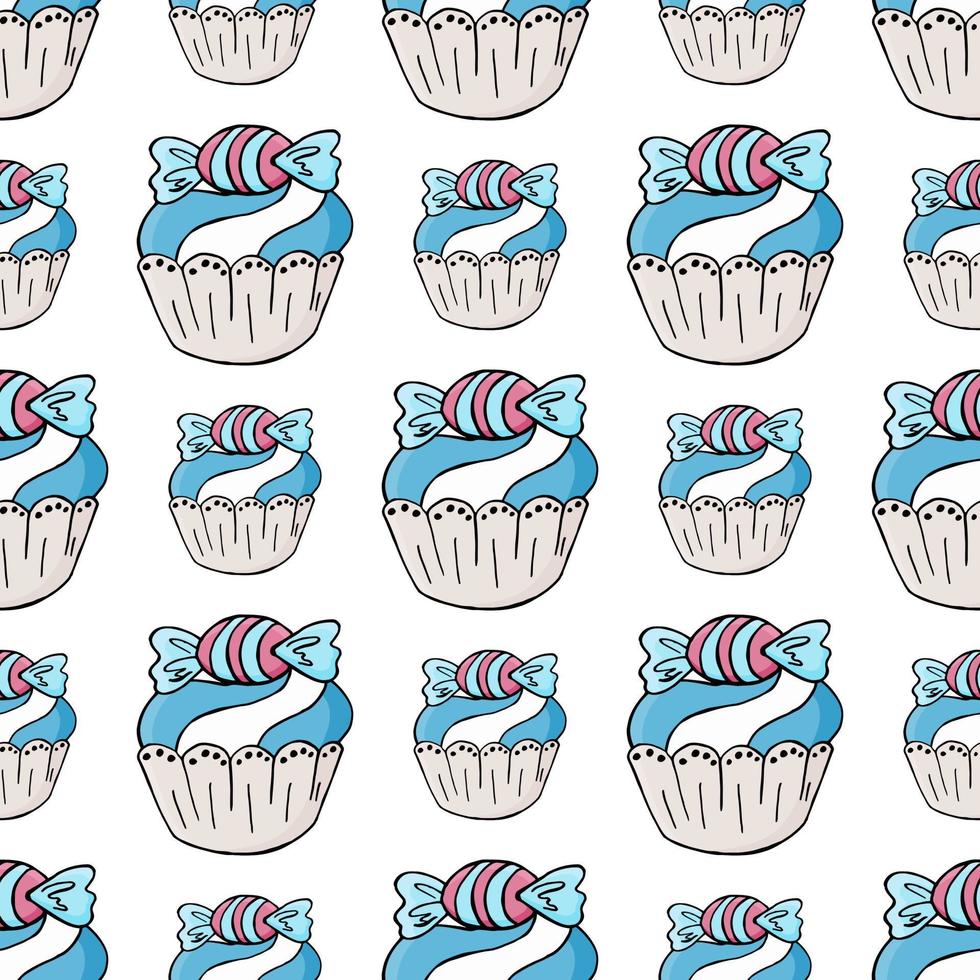 vectorillustratie. naadloos patroon met zoete gebakjes. leuke muffins, cupcakes. polka dot achtergrond. textuur voor stof vector