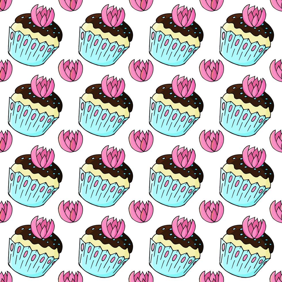 vectorillustratie. naadloos patroon met zoete gebakjes. leuke muffins, cupcakes. polka dot achtergrond. textuur voor stof vector