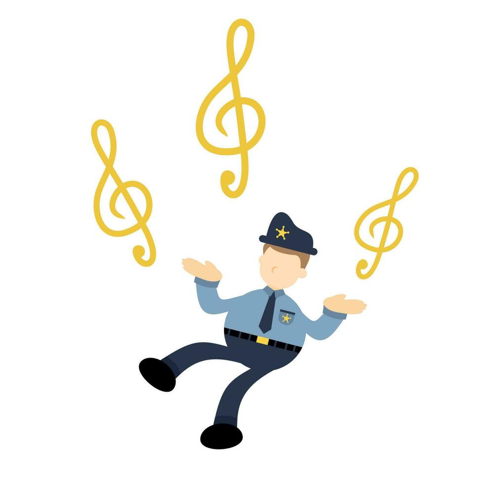 gelukkig Politie officier en melodie sleutel muziek- Notitie tekenfilm tekening vlak ontwerp stijl vector illustratie