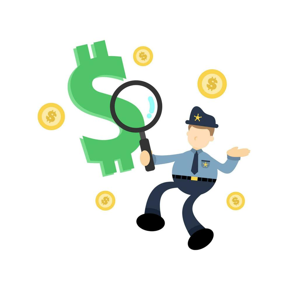 Politie officier en geld dollar tekenfilm tekening vlak ontwerp stijl vector illustratie