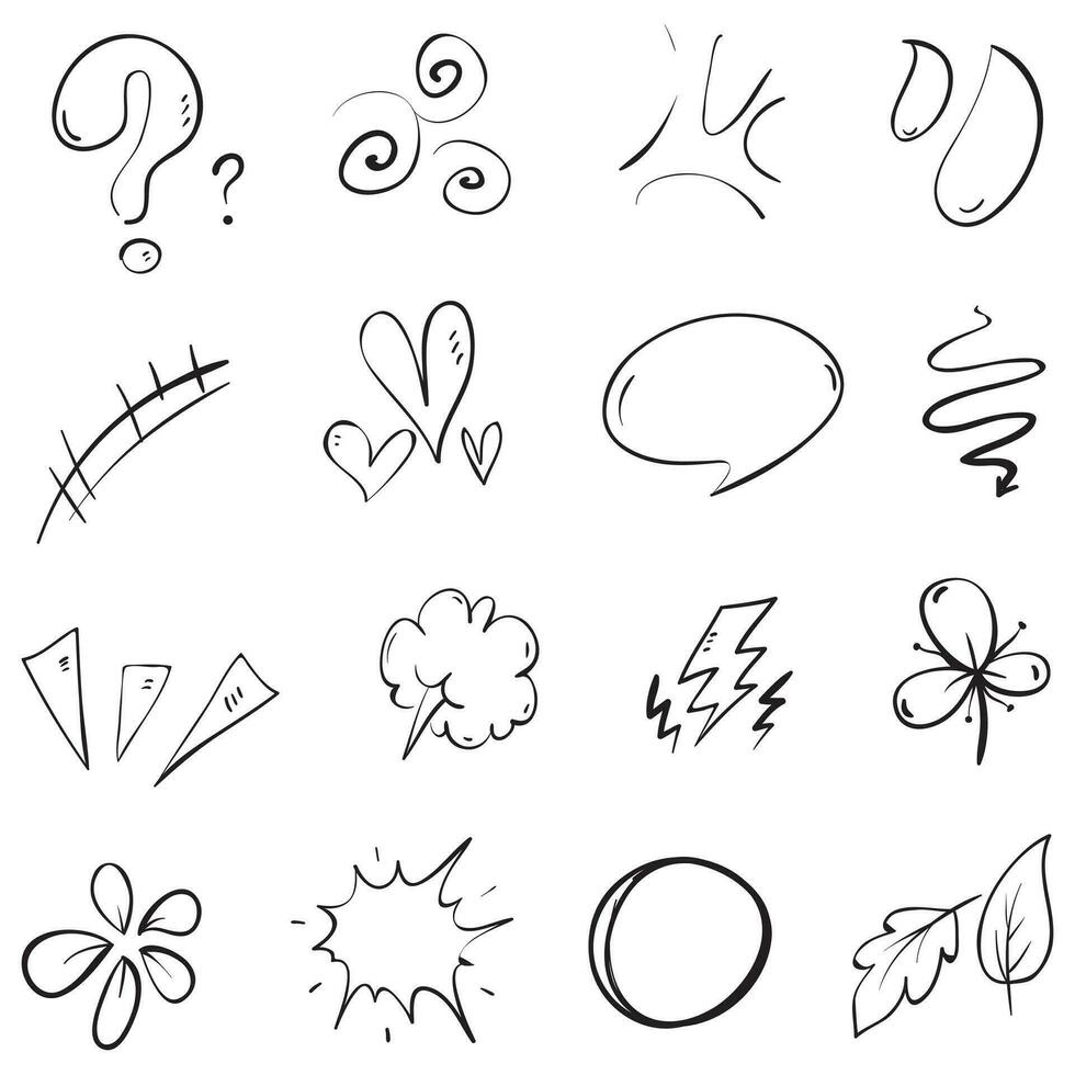 vector set handgetekende cartoony expressie teken doodle, kromme richtingspijlen, emoticon effecten ontwerpelementen, cartoon karakter emotie symbolen, schattige decoratieve penseelstreek lijnen.