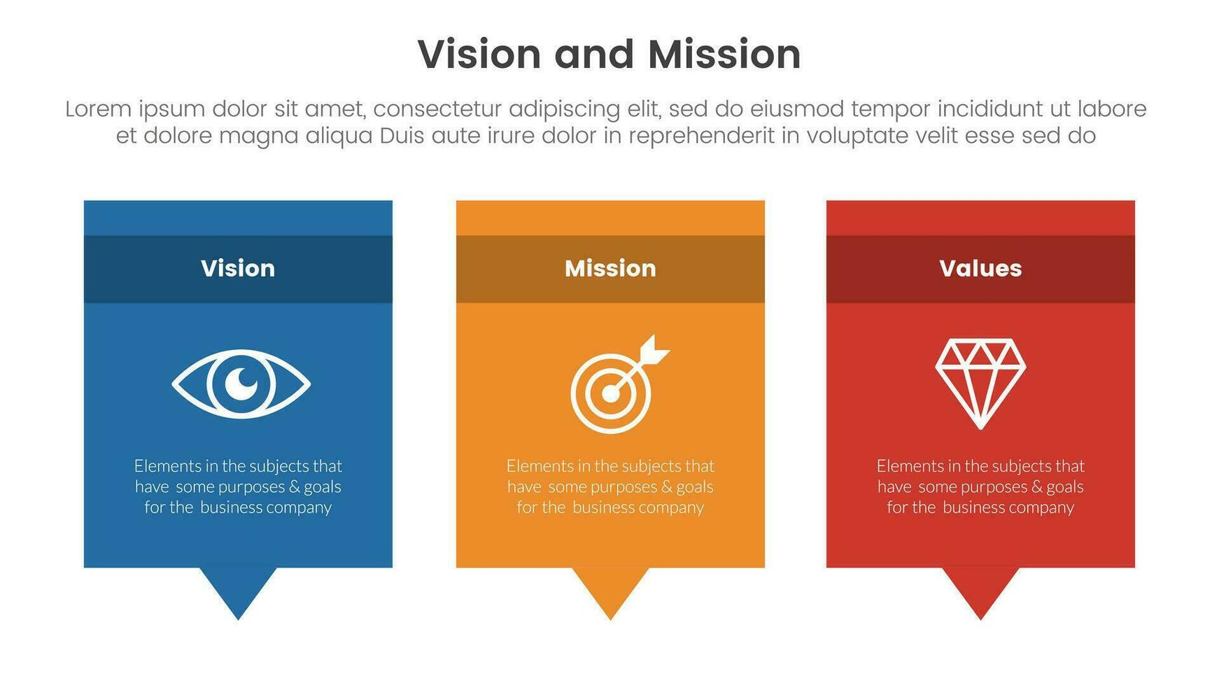 bedrijf visie missie en waarden analyse gereedschap kader infographic met rechthoek doos en uitroepen commentaar dialoog 3 punt stadia concept voor glijbaan presentatie vector