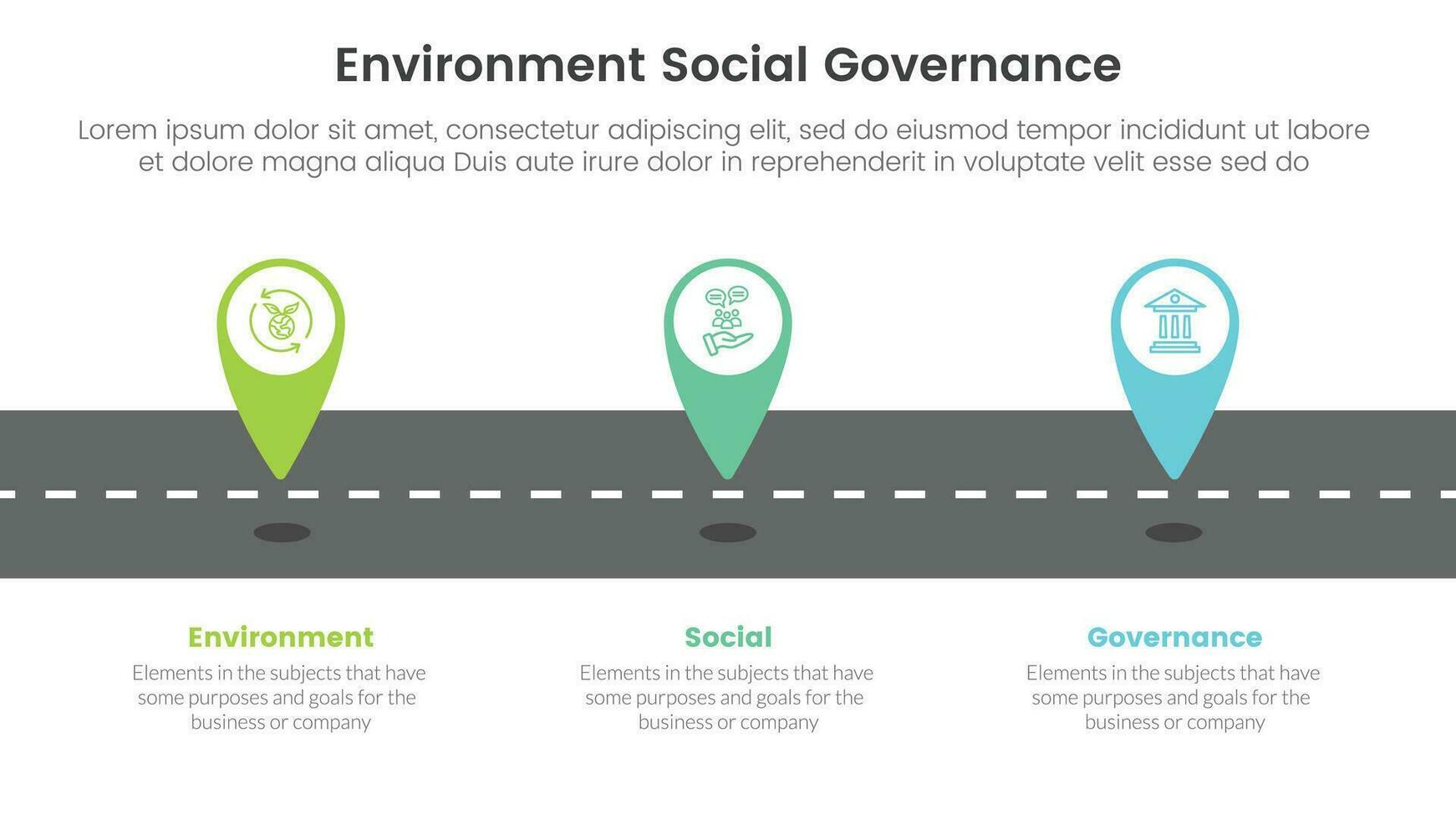 esg milieu sociaal en bestuur infographic 3 punt stadium sjabloon met plaats markeerstift Aan weg concept voor glijbaan presentatie vector