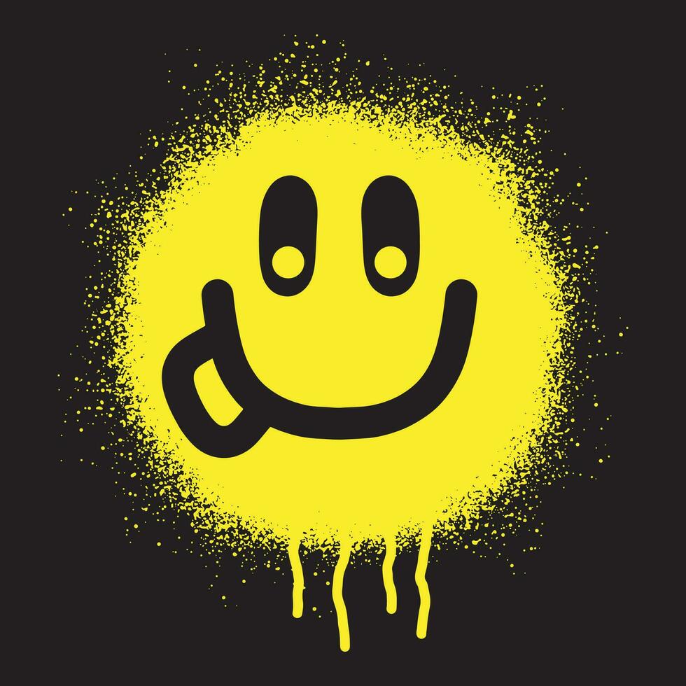 smiley emoticon stencil graffiti zit vast uit tong met geel verstuiven verf Aan zwart achtergrond vector