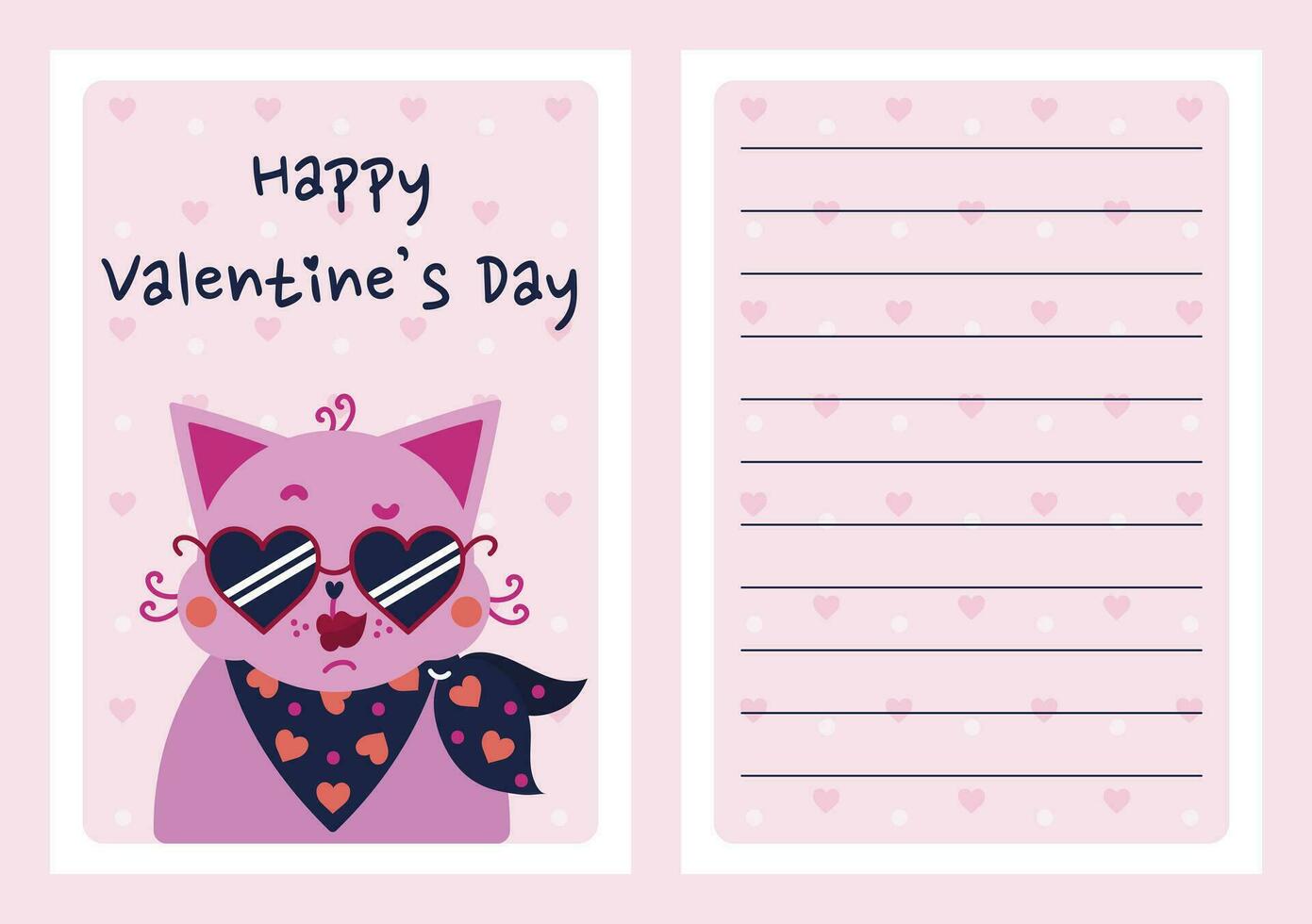 schattig roze kat meisje. elegant katje in een halsdoek, hartvormig zonnebril. helder grappig huisdier in liefde. vector sjabloon voor valentijnsdag dag. vlak tekenfilm romantisch kaart met achterkant, kopiëren ruimte