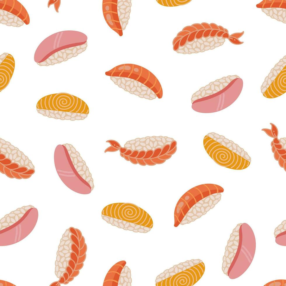 nigiri naadloos vector patroon. vers Japans sushi met rijst, Zalm, tonijn, garnaal, Tamago omelet. traditioneel Aziatisch vis broodjes, rauw zeevruchten voorafje. vlak tekenfilm achtergrond voor menu, afdrukken, web