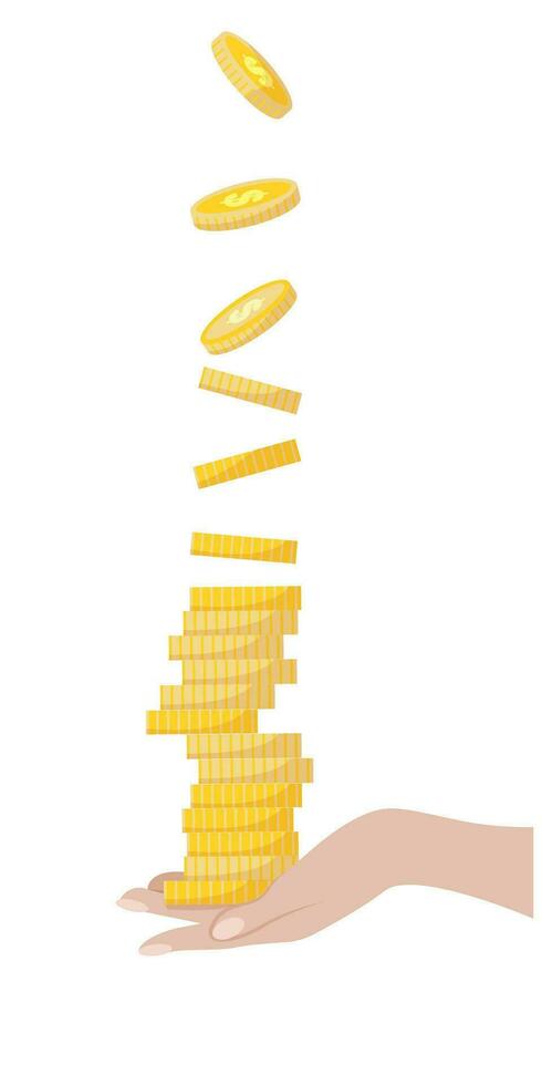hand- Holding munten. goud munten vallen van top naar menselijk hand. vlak vector illustratie geïsoleerd Aan wit achtergrond.