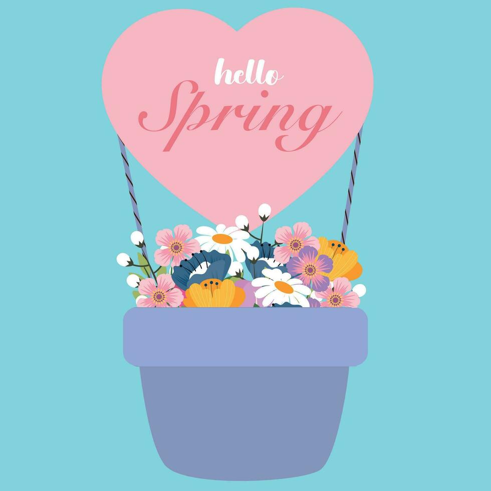Hallo de lente. voorjaar abstract achtergrond, banier, poster met voorjaar bloemen in een heet lucht ballon . voorjaar bladeren. modern modieus kleurrijk ontwerp. sjabloon voor reclame, web, sociaal media. vector