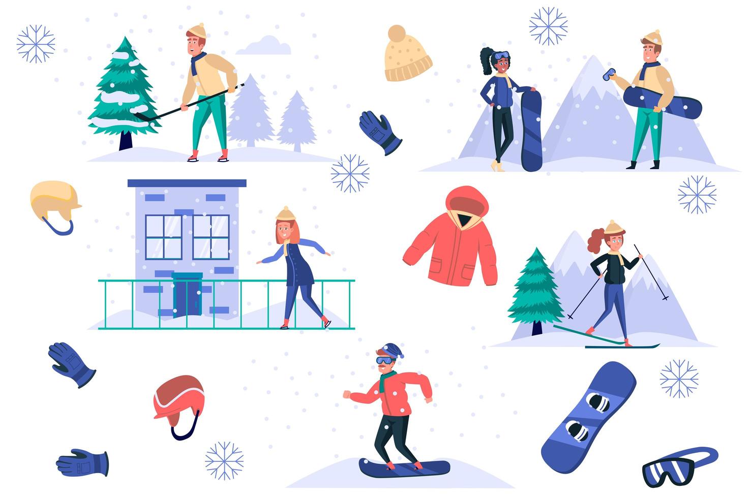 wintersport geïsoleerde elementen instellen. bundel mannen en vrouwen skate, ski of snowboard, speel hockey, kleding en uitrusting voor activiteiten. schepper kit voor vectorillustratie in platte cartoon design vector