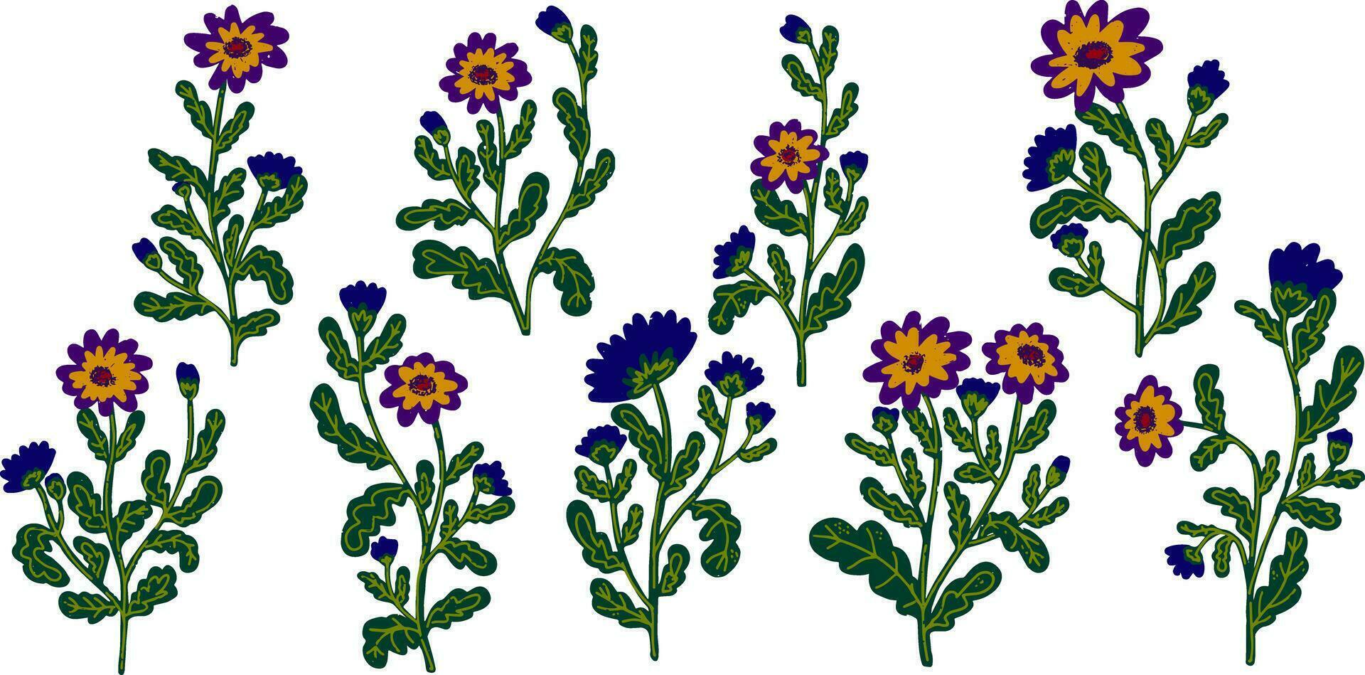 een reeks van bloemen met Purper en geel bladeren vector