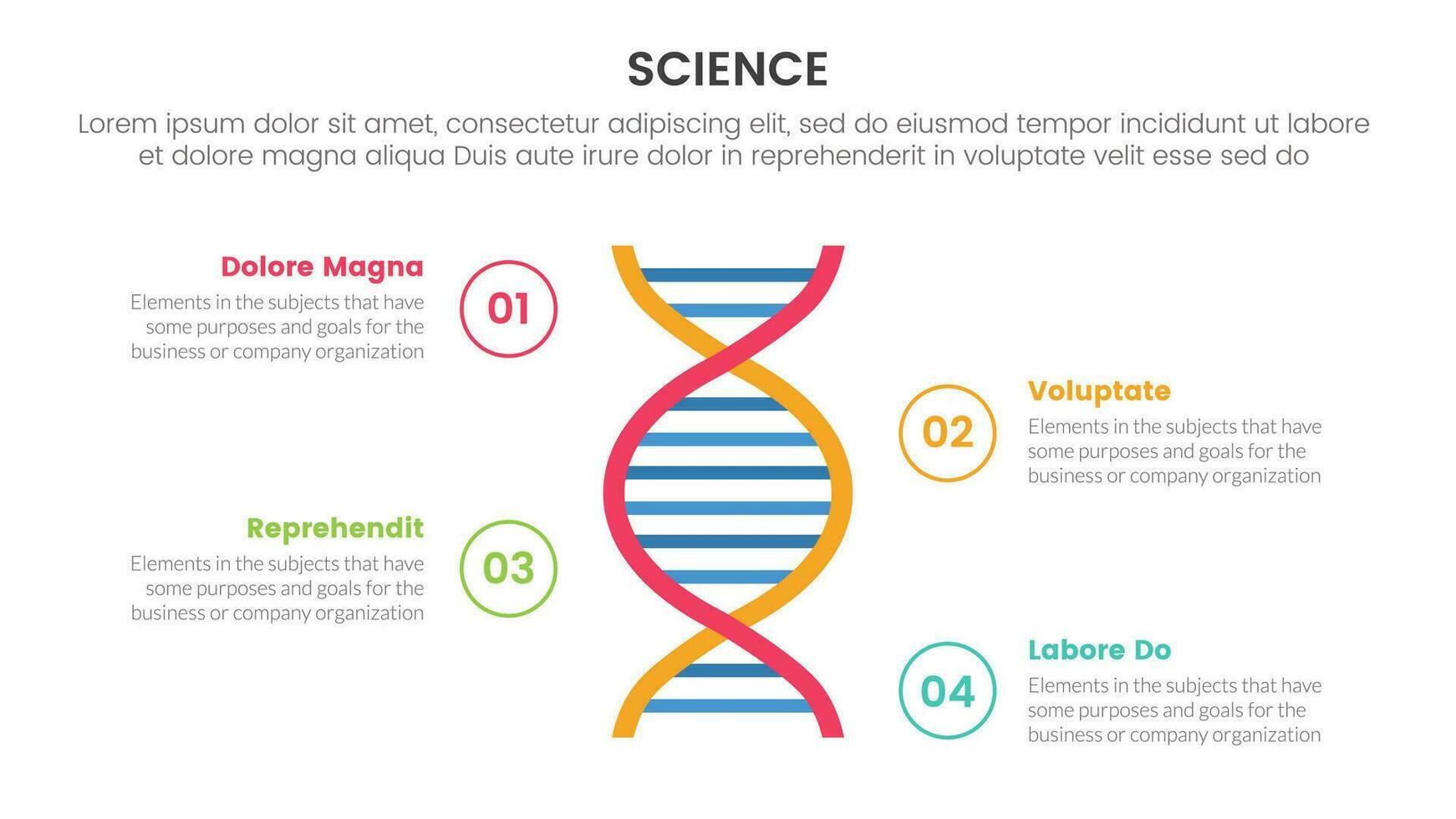 Gezondheid en wetenschap Onderzoek infographic 4 punt stadium sjabloon met dna dubbele schroef concept voor glijbaan presentatie vector