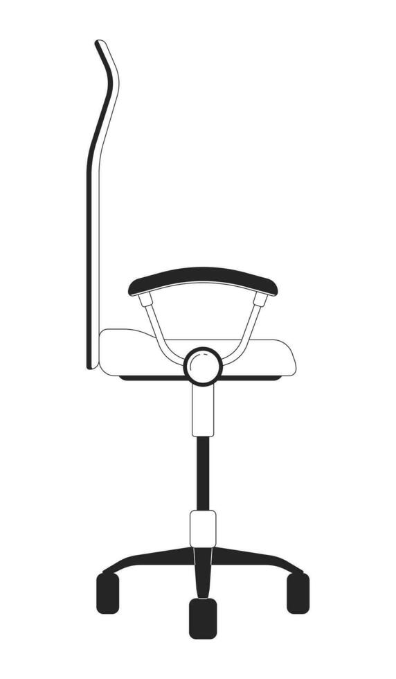 comfortabel kantoor stoel verstelbaar zwart en wit 2d lijn tekenfilm voorwerp. bureau stoel wielen geïsoleerd vector schets item. zakelijke meubilair. ergonomisch zitplaatsen monochromatisch vlak plek illustratie