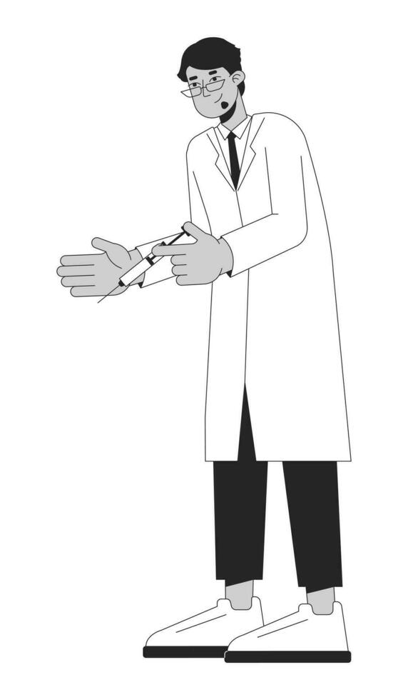 Arabisch wit jas dokter Holding injectiespuit zwart en wit 2d lijn tekenfilm karakter. midden- oostelijk gebaard Mens Lab jas geïsoleerd vector schets persoon. professioneel monochromatisch vlak plek illustratie