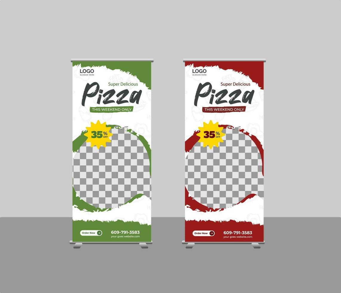 pizza rollen omhoog banier ontwerp voor restaurant. creatief voedsel oprollen banier sjabloon, modern restaurant oprollen banier vector