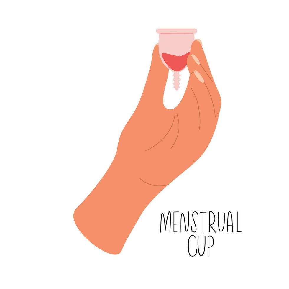 vrouw hand- Holding menstruatie- kop met bloed. nul verspilling menstruatie- cups in handen. bescherming in kritiek dagen vector