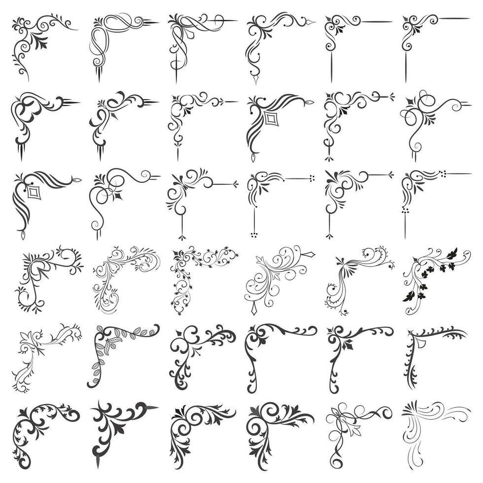 vector illustratie van decoratief hoek kader set. reeks hand- trek van hoeken verschillend vormen bloem decoratie vector ontwerp tekening schetsen stijl voor bruiloft en spandoek.