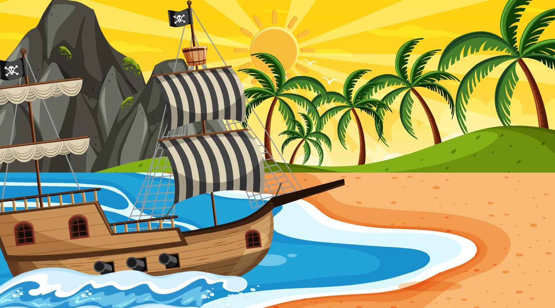 oceaan met piratenschip in de scène van de zonsondergangtijd in cartoonstijl vector