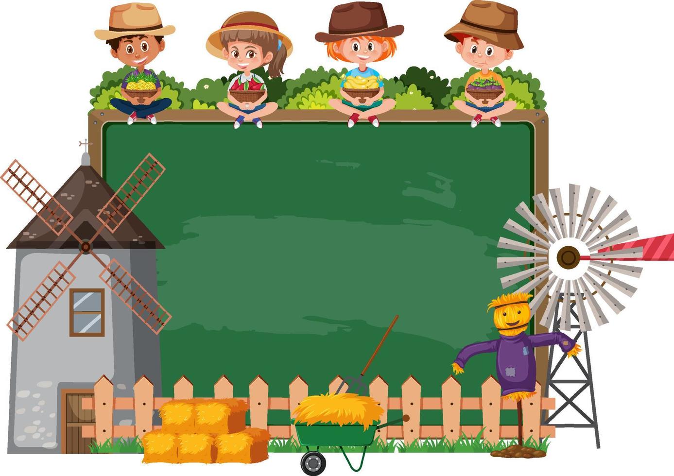 leeg schoolbord met kinderen en boerderijvoorwerpen vector