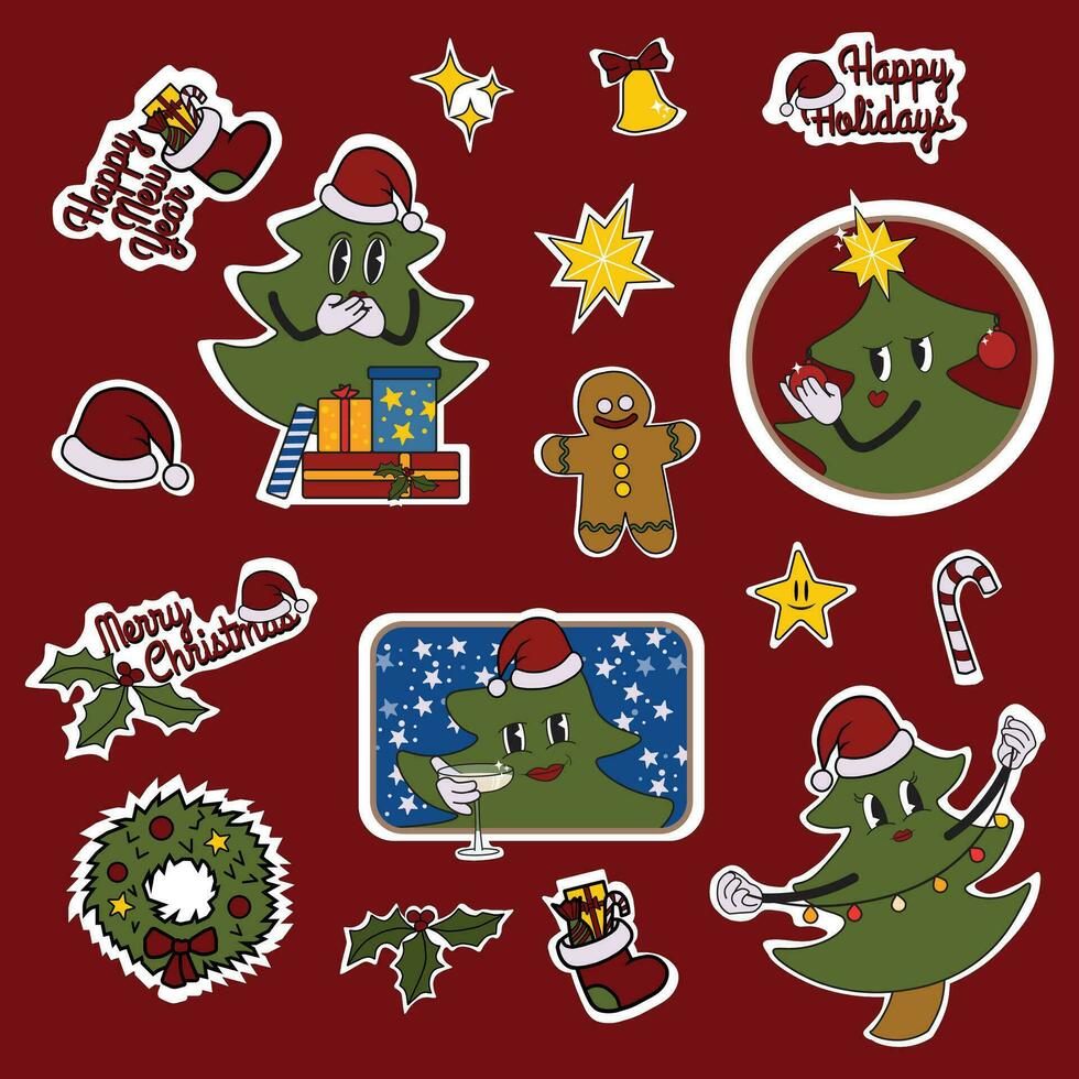 retro tekenfilm stijl Kerstmis en nieuw jaar stickers set. bomen, geschenken, sterren, ontbijtkoek, lauwerkrans, belettering. vector