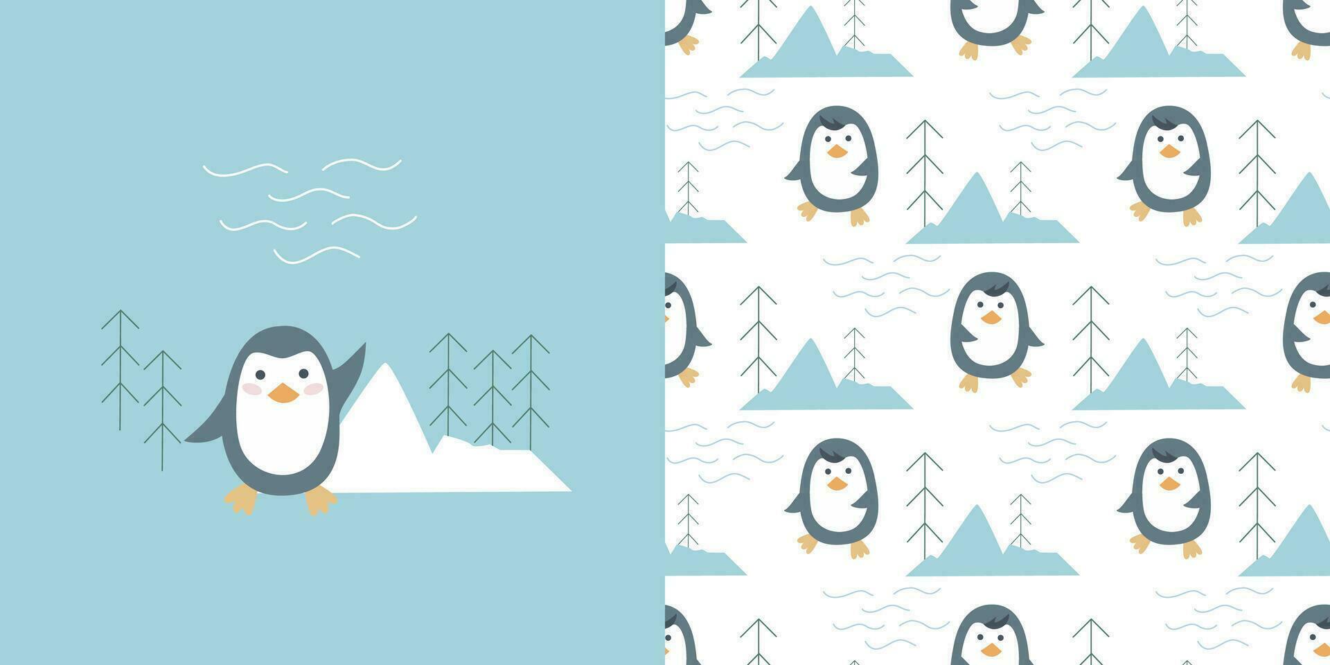 hand- getrokken pinguïn reeks kaart en naadloos patroon vector