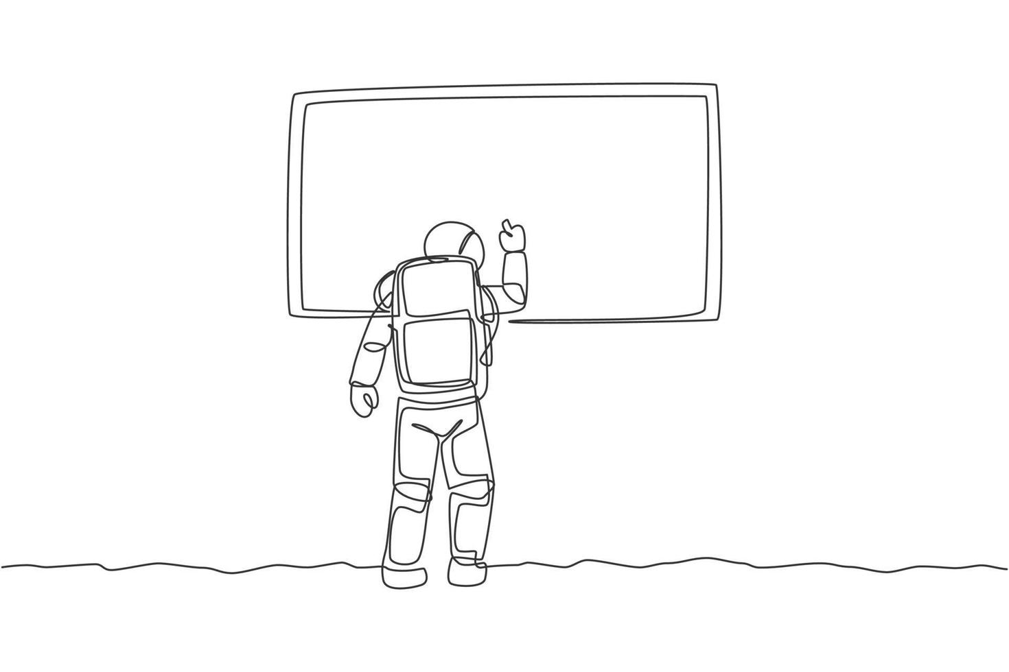 één enkele lijntekening van jonge astronaut die op whiteboard schrijft om sommige studenten in grafische vectorillustratie van het maanoppervlak te onderwijzen. kosmonaut deep space-concept. modern ononderbroken lijntekeningontwerp vector