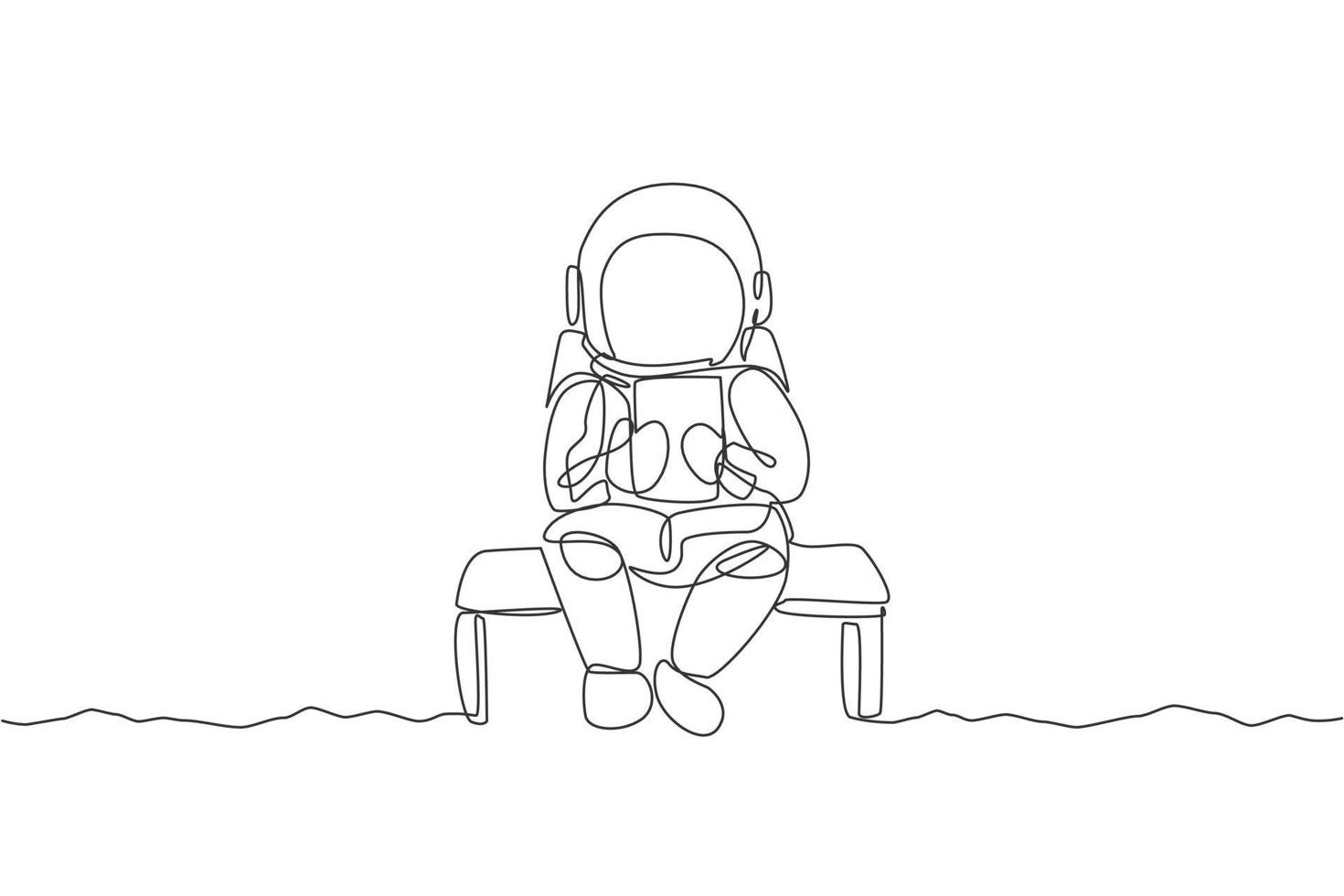 enkele doorlopende lijntekening van astronaut die zich op stoel ontspant tijdens het lezen van nieuws in tablettelefoon. zakelijk kantoor met galaxy outer space concept. trendy één lijn tekenen ontwerp vectorillustratie vector