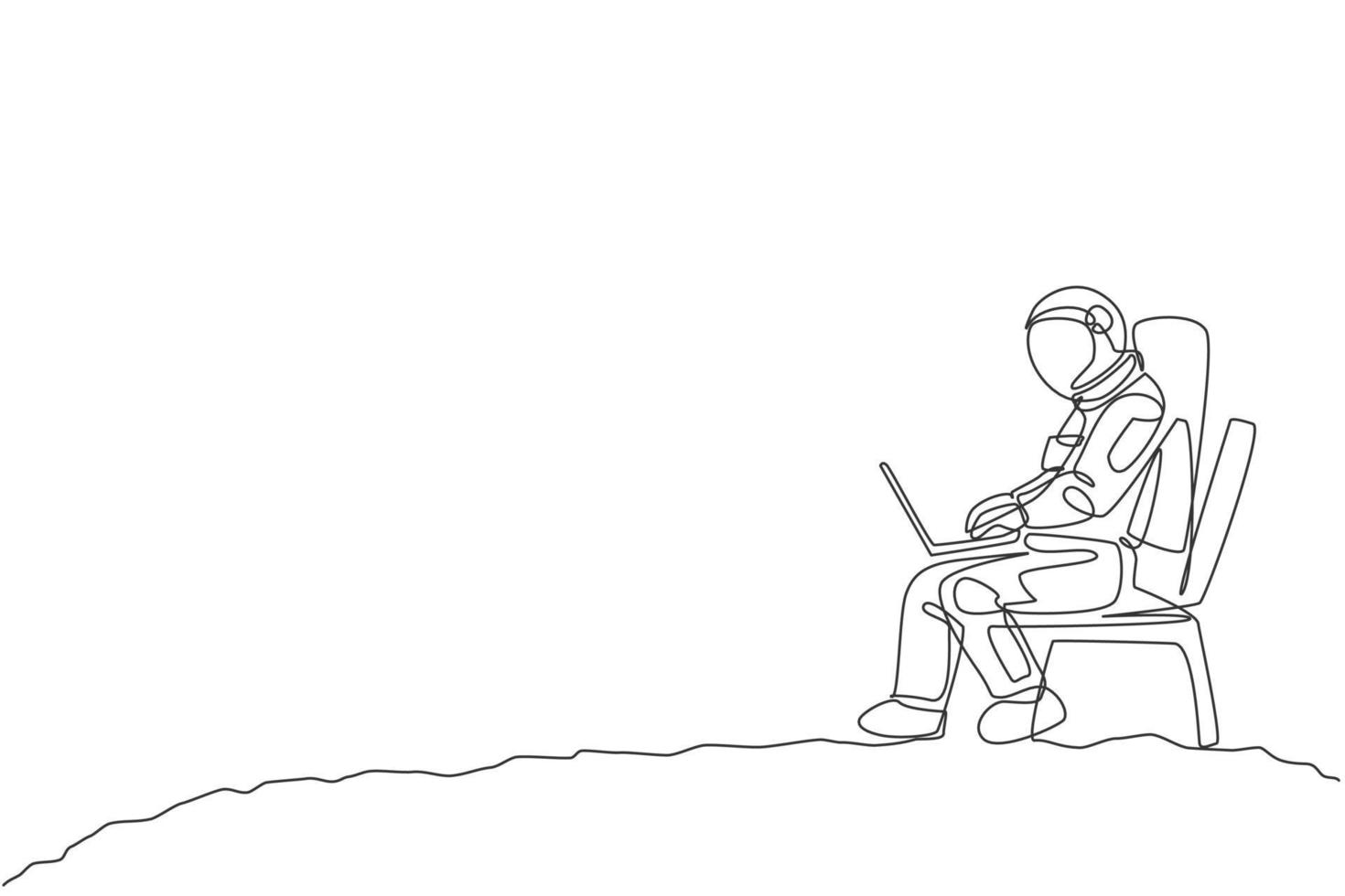 een enkele lijntekening van kosmonaut zittend op een stoel tijdens het typen in de grafische vectorillustratie van het maanoppervlak. astronaut bedrijfsbureau met kosmische ruimteconcept. modern ononderbroken lijntekeningontwerp vector